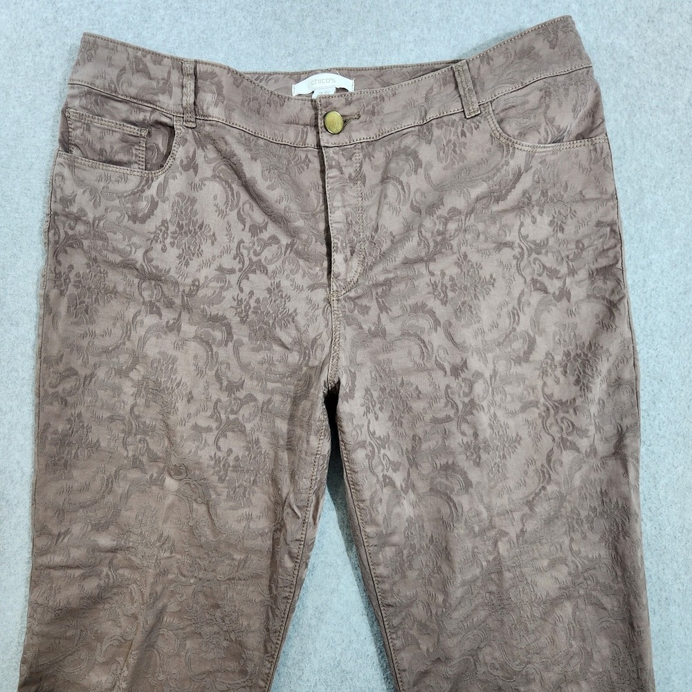Chicos Textured Floral Embossed Pants Womans 25 Taupe Stretch Straight Leg 36x27